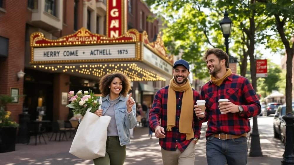 friends-stroll-by-the-michigan-theater-with-coffee-and-farmers-market-flowers